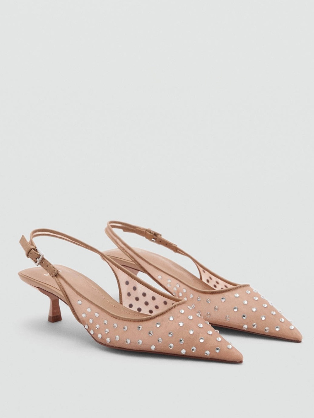 MANGO Crystal Pointed Toe Kitten Heel Slingback Pumps Nude Mesh US 8.5 Euro 39